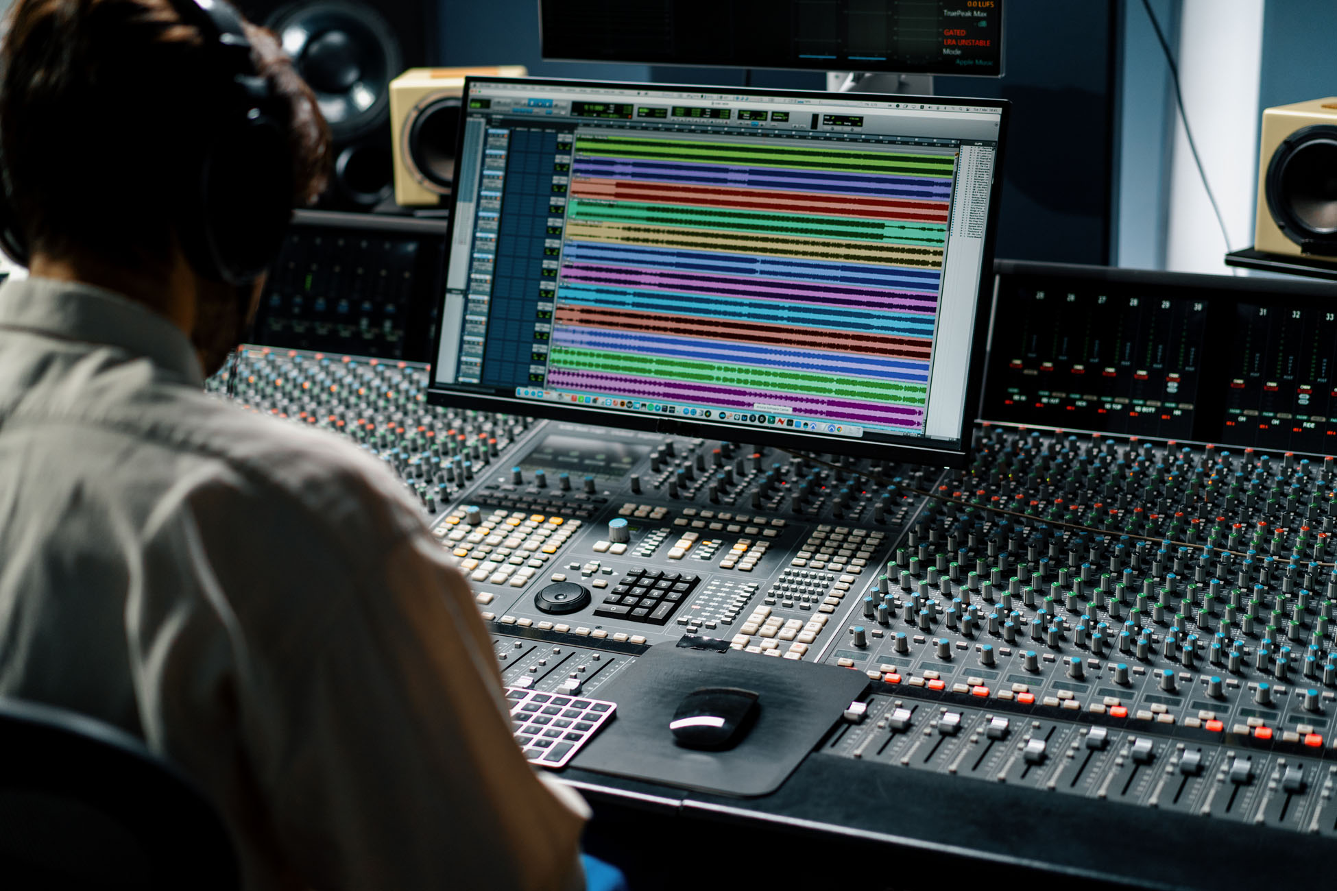 Sound engineer working in music studio with monitors and equaliz Sound engineer working in music studio with monitors and equaliz